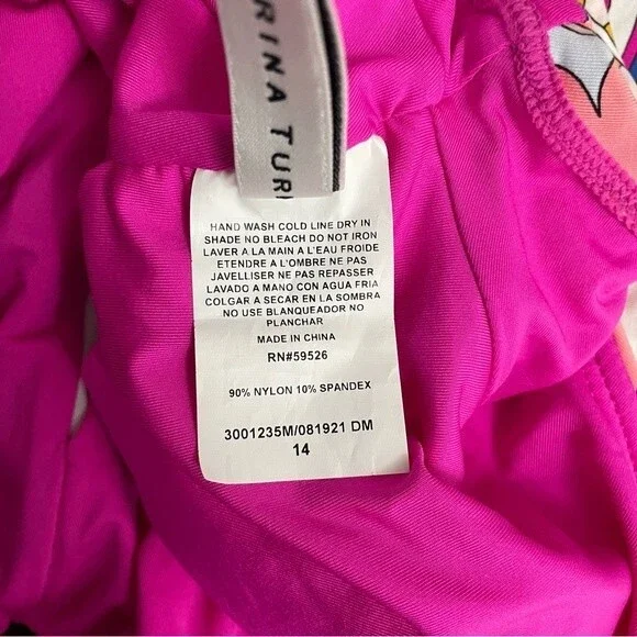 NWT Trina Turk Sevilla Ruffle One Piece Swimsuit Pink Blue Combo Women’s Size 14